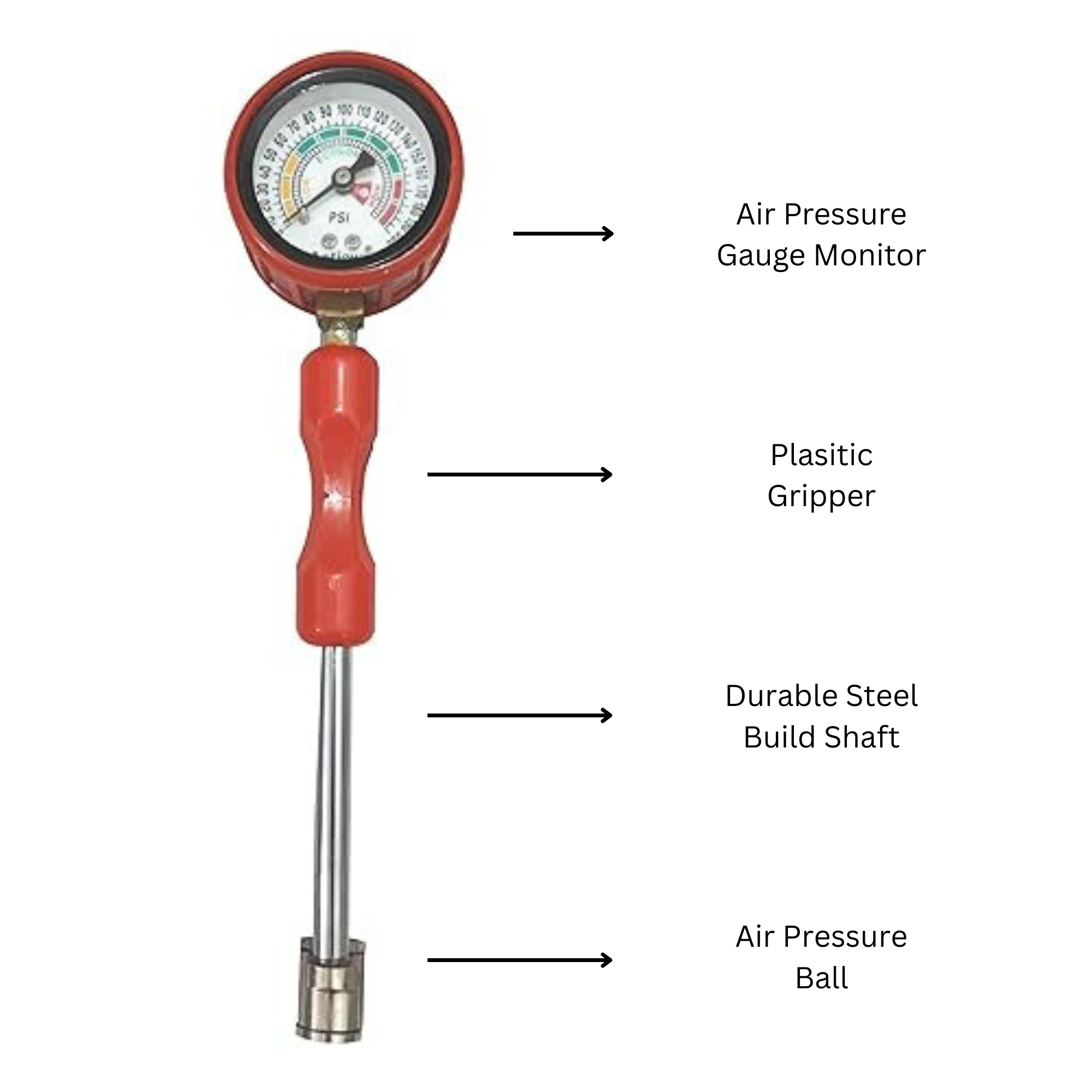 Heavy Duty Premium Tire Pressure Rod Gauge 0-200 PSI with Red Protective Cover